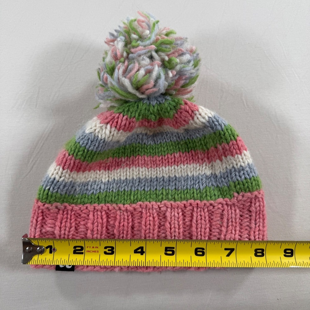 Ambler Mountain Works‎ Kids Small Wool Beanie Pink Green Striped Pom Pom Fleece - Picture 4 of 4